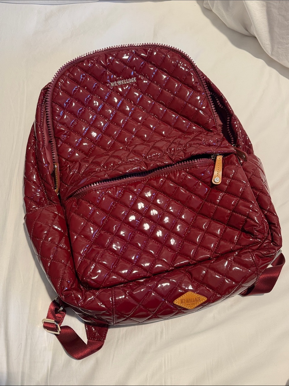 MZ WALLACE BACKPACK—Quilted “Cranberry Lacquer” with leather details